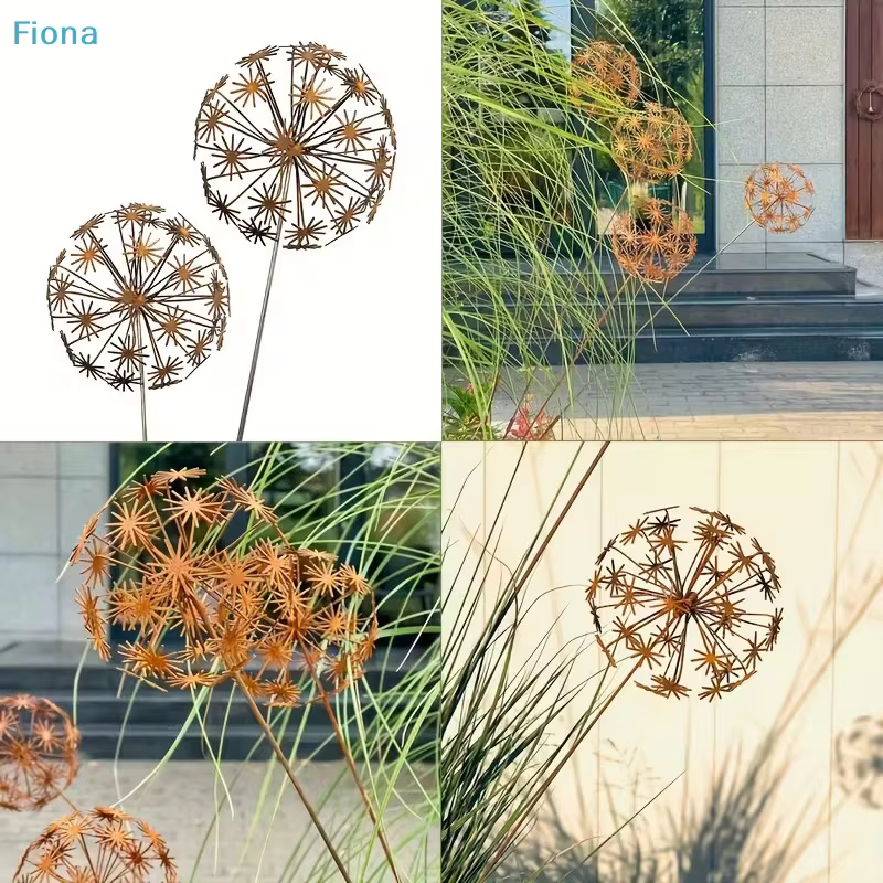 ☽ Piquets de jardin en métal rouillé en forme de pissenlit – Décoration
