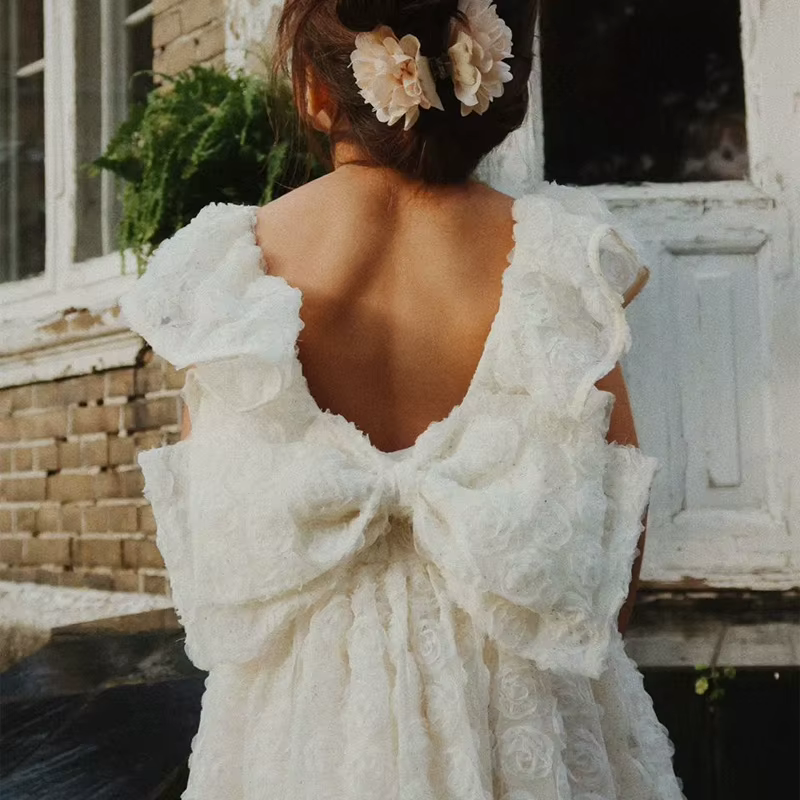 Robe d'été verte pour filles, tenue de princesse en maille, à fleurs, avec nœud doux, blanche, jupe Tutu, vêtements de fête pour enfants, 2025 KS