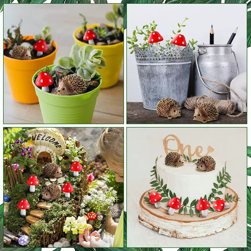 Accessoires de jardin en résine hérisson et champignon en bois