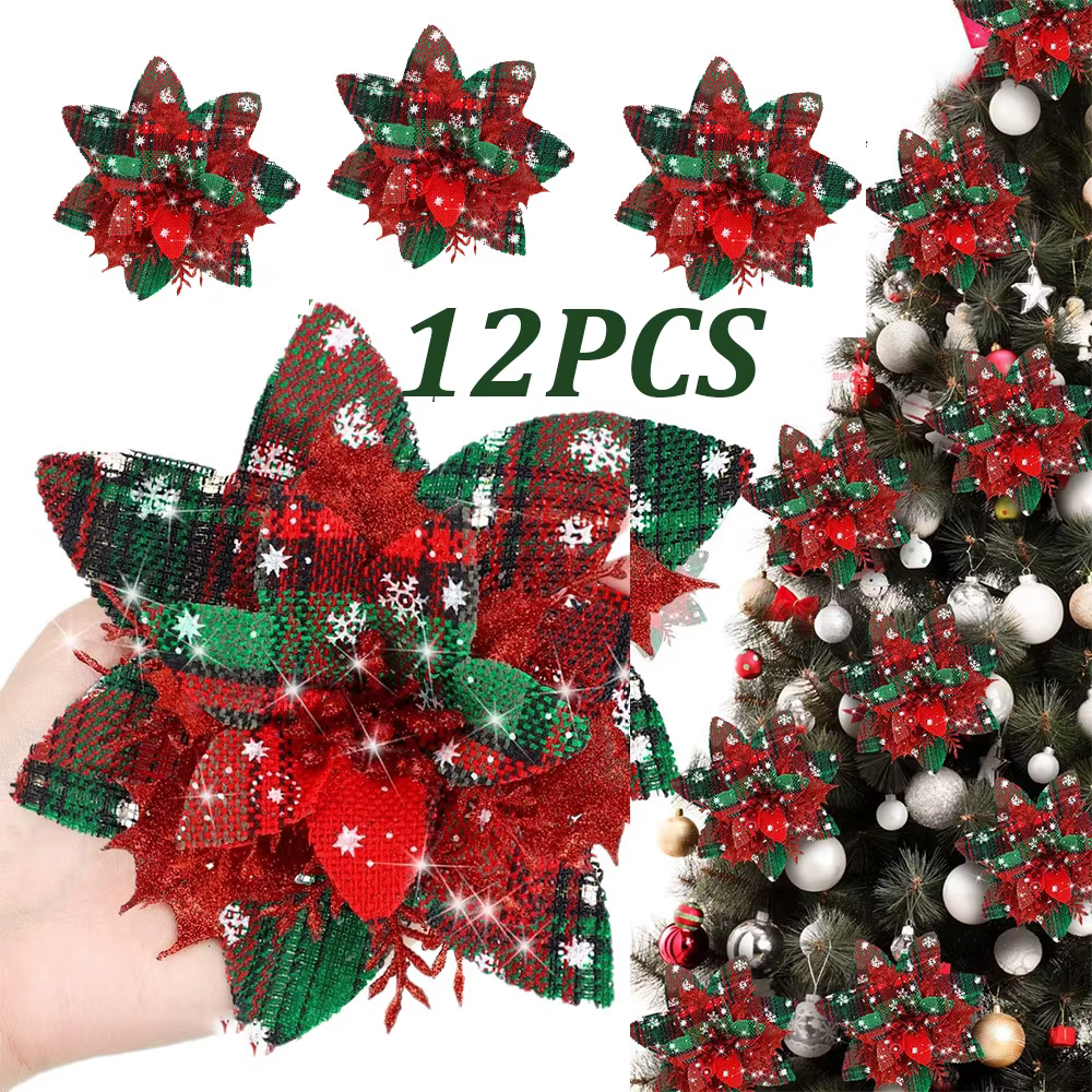 Poinsettias artificielles à paillettes de noël