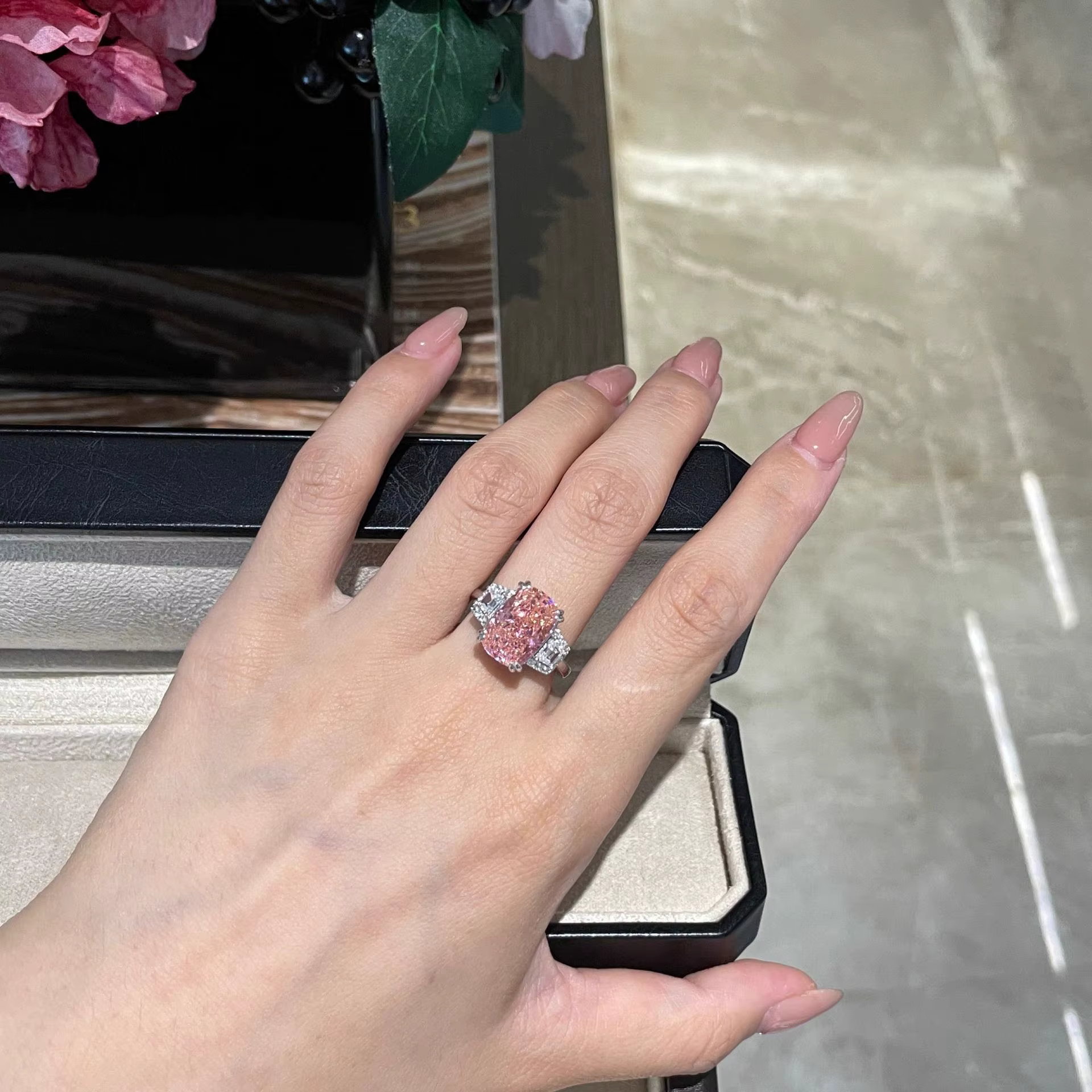 Bague en argent sterling S925 avec diamant rose taille fleur de glace, bague rectangulaire de luxe légère avec diamant à haute teneur en carbone pour femme