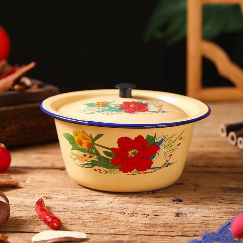 Pot de stockage des aliments, bassin en émail, récipients à gâteaux en émail Vintage classiques, bol avec couvercle, bol de service de soupe asiatique, Pot de saindoux jaune