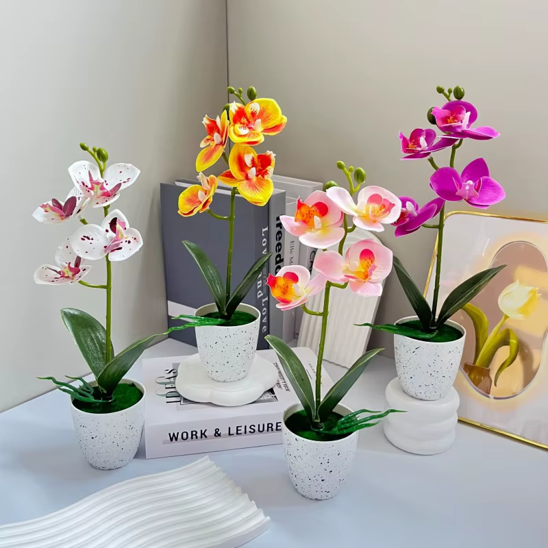 Orchidée Papillon – Ensemble de 4 fleurs en pot – Décoration de salon – Ornement en pot d'orchidée