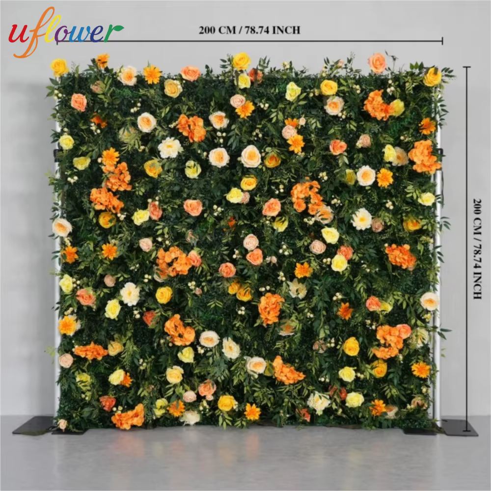 Mur de fleurs artificielles 5D en tissu avec roses orange et feuilles vertes pour décoration de mariage