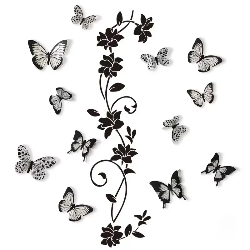 Autocollant mural 3D papillon et fleurs noires
