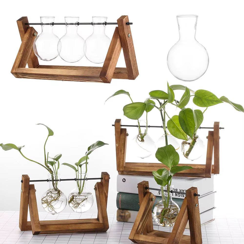 Décor à la maison Terrarium table planteur Pot de fleur plantes hydroponiques Vases Vase en verre cadre en bois