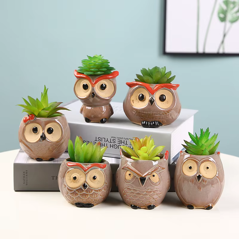 Jolie jardinière en céramique en forme de hibou pour plantes succulentes