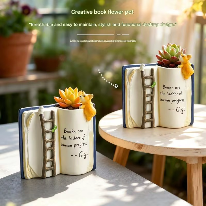 Pot fleur à livre ouvert pour affichage bureau étagère fenêtre