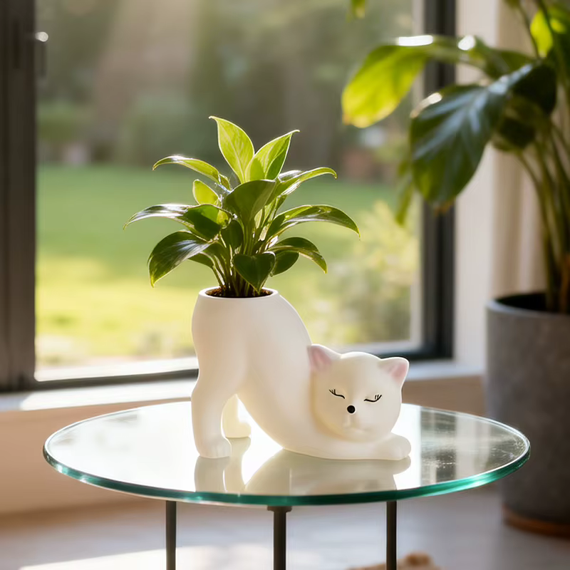 Pot de fleurs fantaisie en résine en forme de chat bouclé