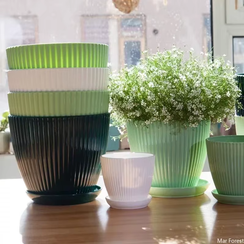 Pot de fleur en plastique plantes rondes succulentes Pot jardinières à rayures verticales avec plateau décoration intérieure de bureau à domicile