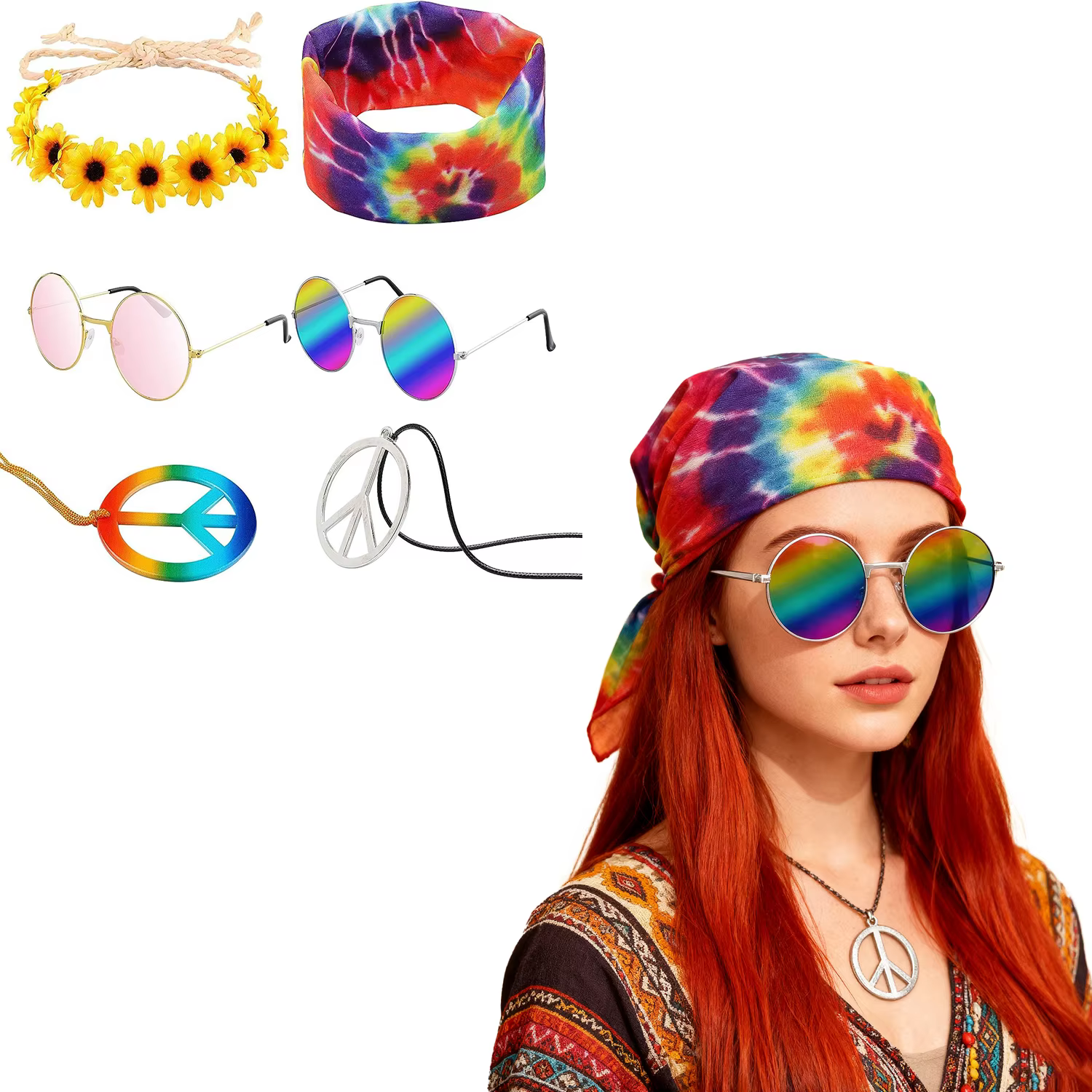 PESENAR Accessoires vestimentaires hippie : foulards, lunettes de soleil, bandeaux et collier avec logo de la paix, adaptés aux fêtes sur le thème hippie