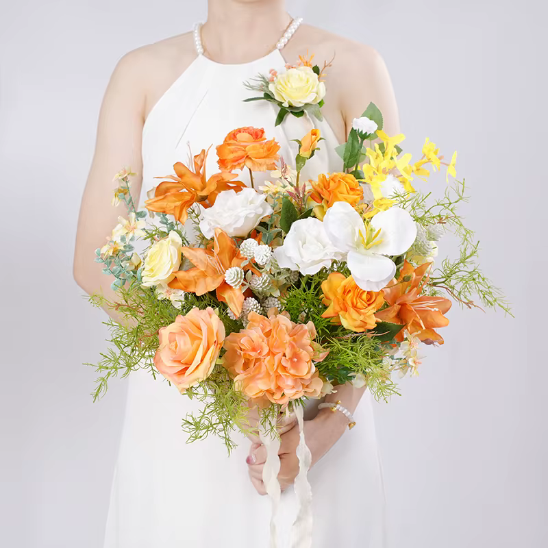 Bouquet de roses à main série Orange et blanc