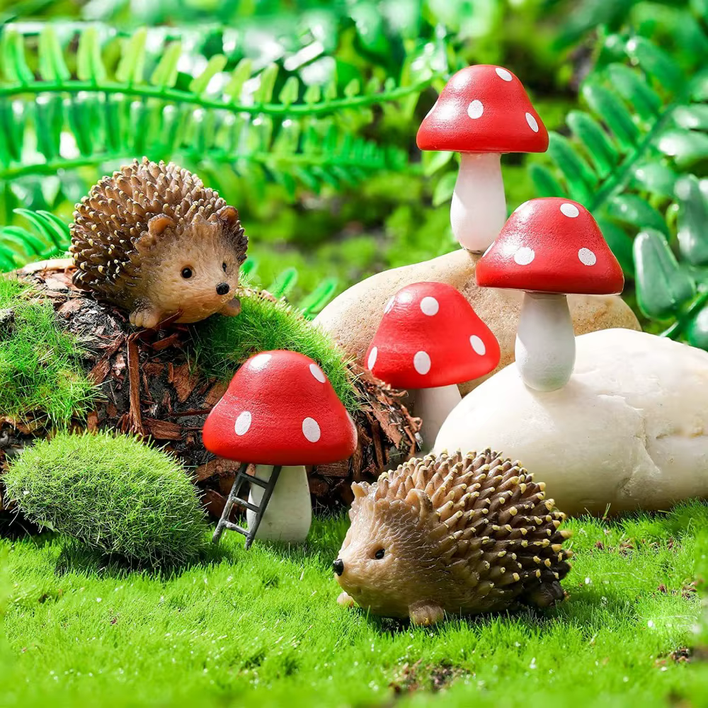 Accessoires de jardin en résine hérisson et champignon en bois