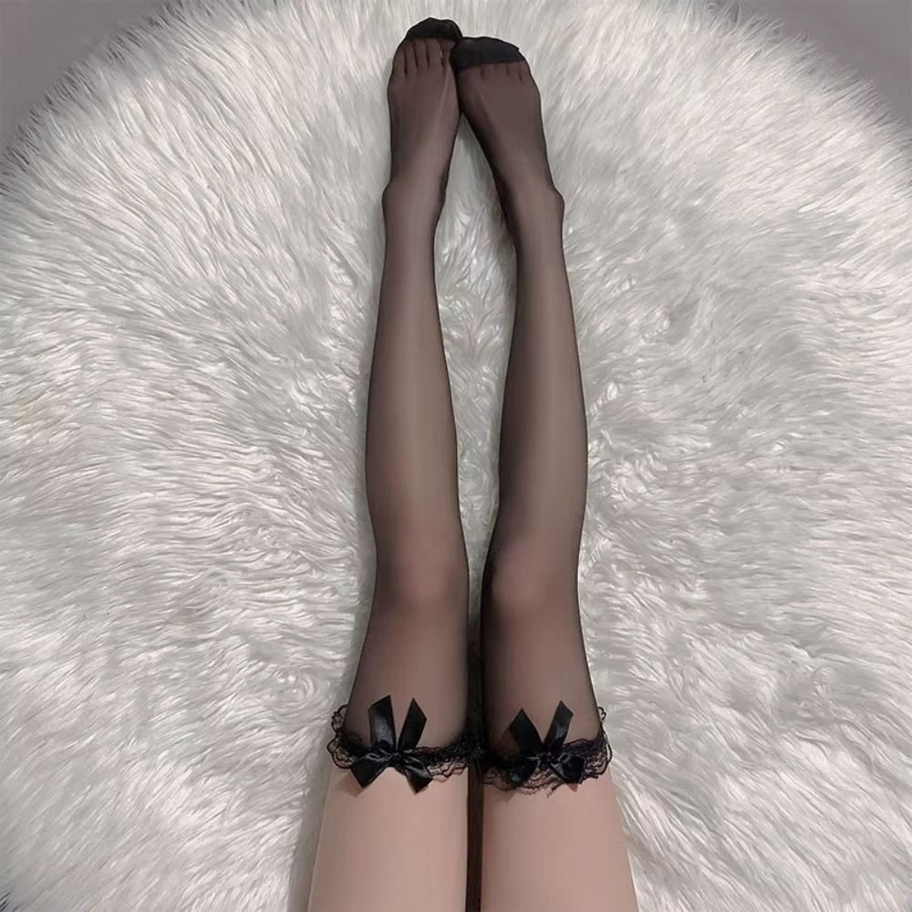 Vêtements accessoires Sexy femmes dentelle nœud bas doux Nylon Sexy longues chaussettes Ultra-mince couleur unie genou cuisse haute chaussettes femmes