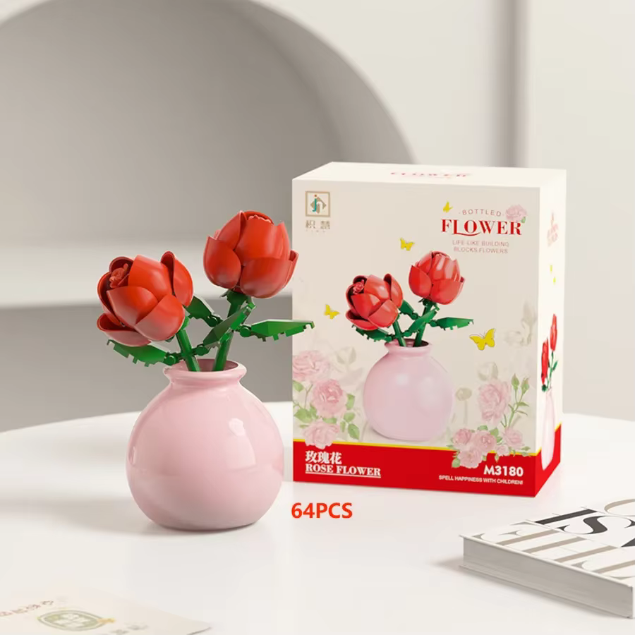 Mini Rose tulipe tournesol pivoine fleur avec Vase modèle Micro blocs de construction bricolage maison bureau plante décor brique filles cadeau enfant jouets