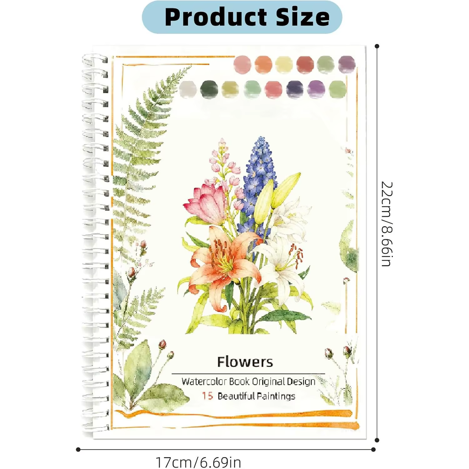 Cahier d'aquarelle à spirale pour débutants, 15 croquis floraux pré-dessinés, livre de peinture sur papier aquarelle 22,1×17,02 cm