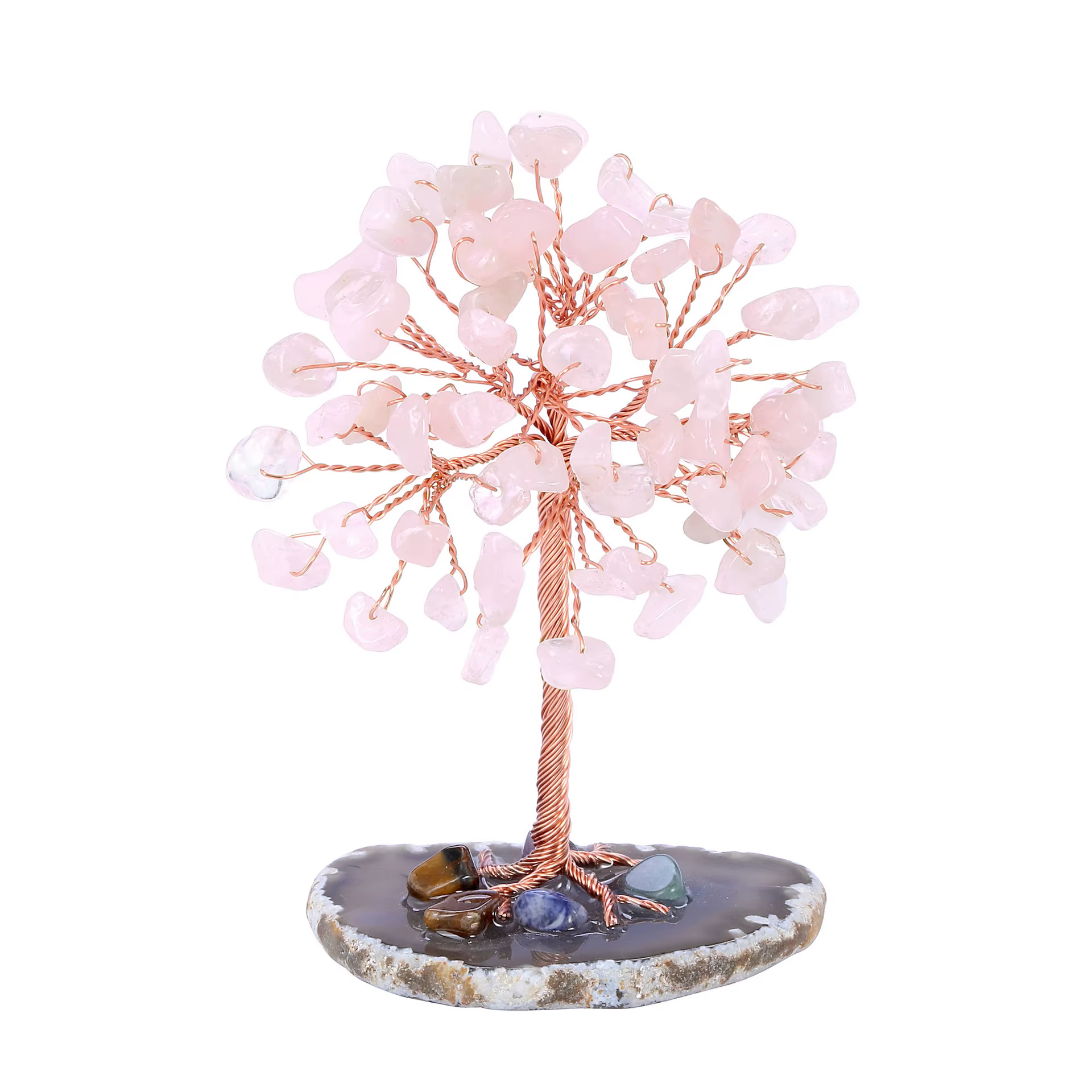 Mini arbre à argent en cristal enveloppé de fil de cuivre avec base en tranche d'agate