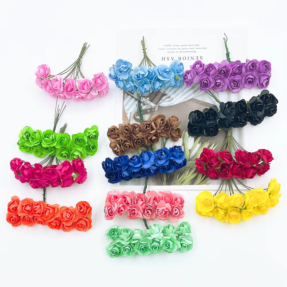 12/36/72 pièces 2cm Mini papier Rose fleurs artificielles Bouquet pour décoration de fête de mariage Scrapbooking