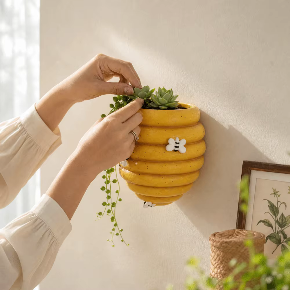 Pot de fleurs mural rustique en résine, motif abeille unique, nid d'abeille, style dessin animé, pour bureau
