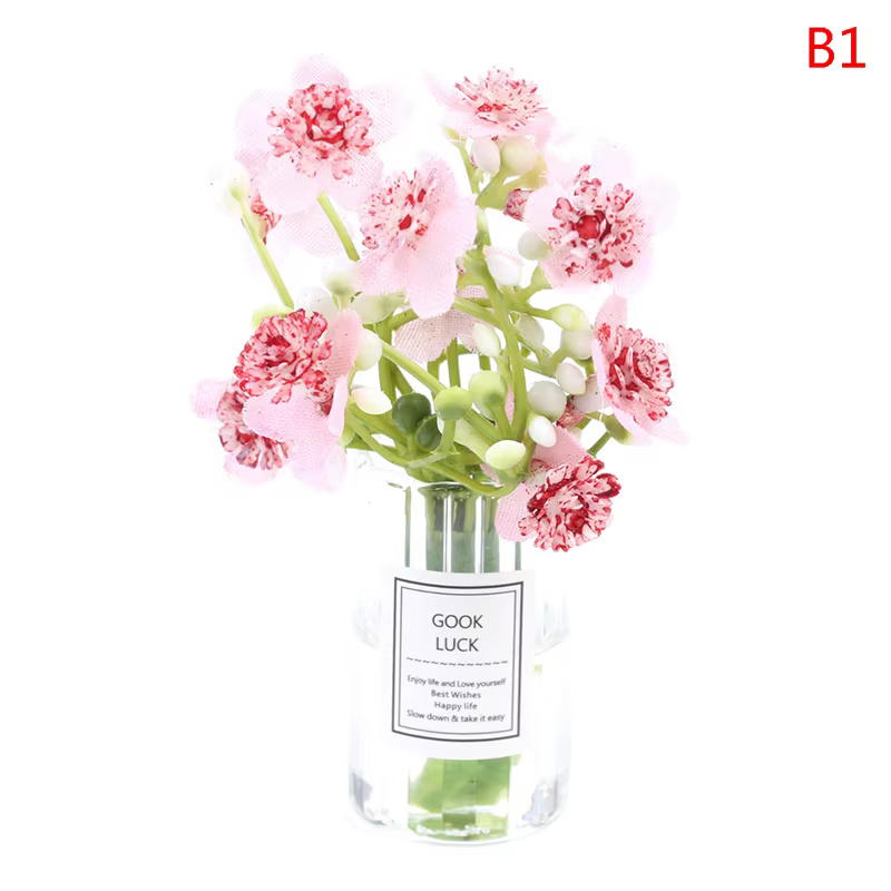 Ensemble de Vase à fleurs rose jasmin Miniature pour maison de poupée 1:12