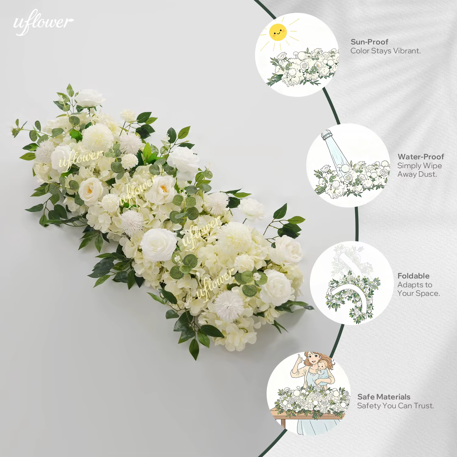 100x30CM Uflower Guirlande de fleurs artificielles roses blanches et verdure