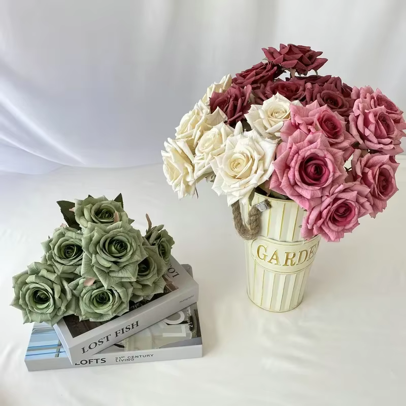 Fleurs artificielles en soie diamant Roses Bouquets maison chambre décoration Simulation fleur haricot couleur sable Rose Bouquet plante