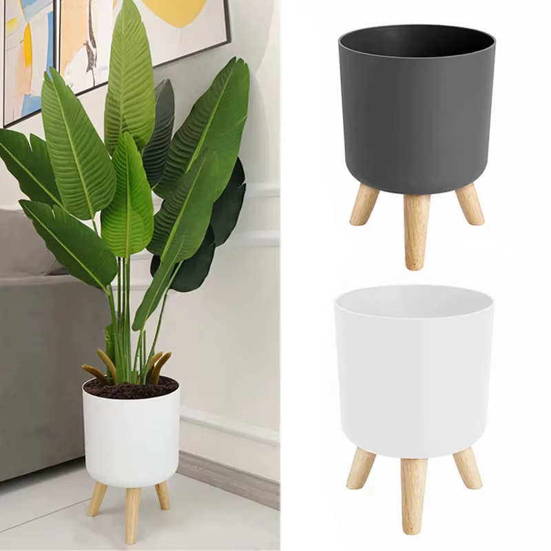 Pots de plantes modernes avec support de pieds en bois