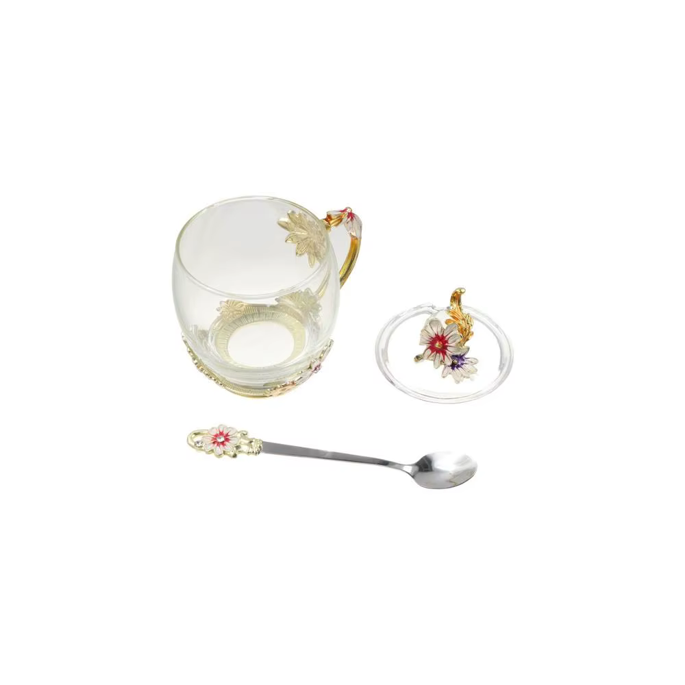 Tasses à café en verre Vintage, fleur en émail, poignée décorative, ensemble d'assiettes de tasse à thé, élégant, fait à la main, tasse à thé en verre Transparent, anniversaire