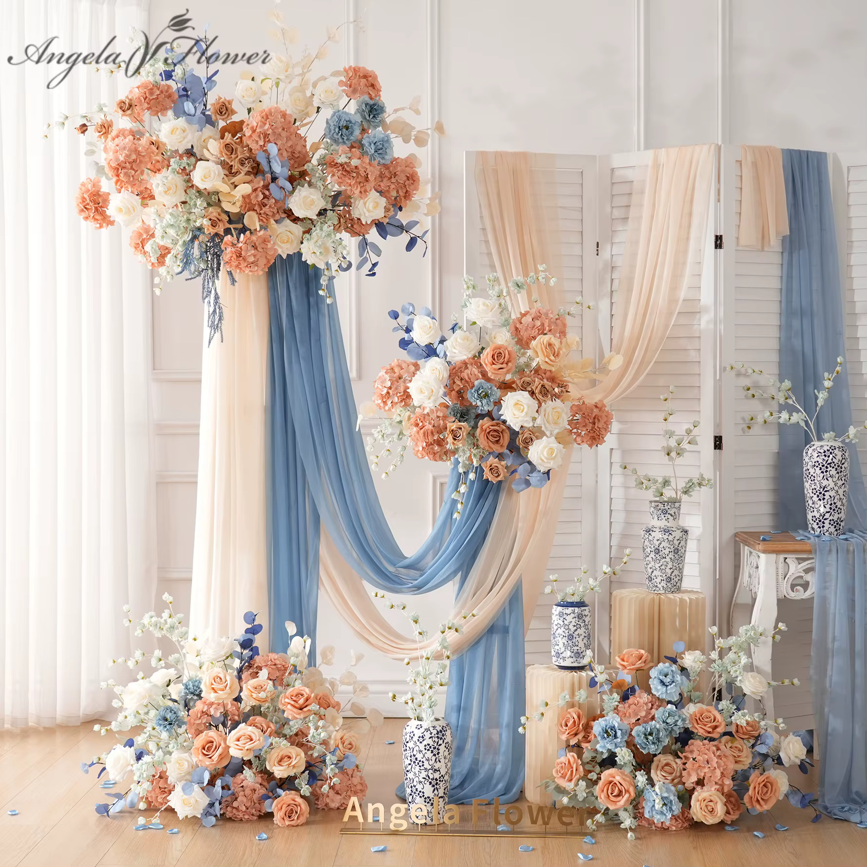 Angela Flower A9048 Arrangement Floral suspendu bleu Orange pour toile de fond de mariage passerelle allée sol fleur rangée fenêtre affichage