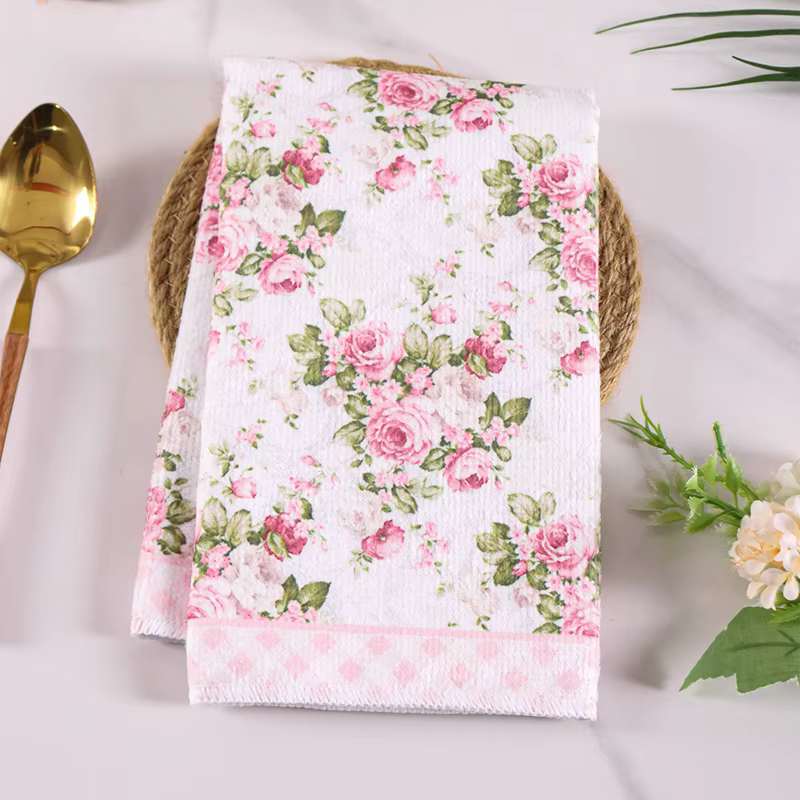 Lot de 2 torchons de cuisine roses à motifs floraux printaniers