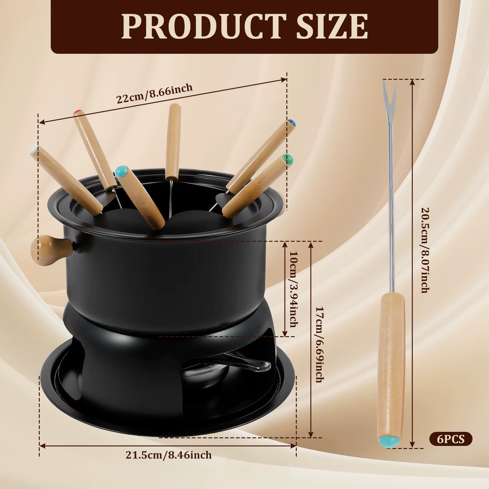 Kit de fondue polyvalent pour fondue au fromage et chocolats, ensemble de casseroles à fondue en acier inoxydable, appareil à fondue chauffant uniforme avec 6 fourchettes