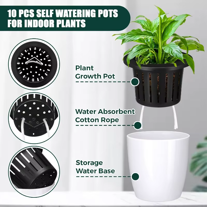 Pots de plantes d'intérieur auto-arrosants avec corde en coton