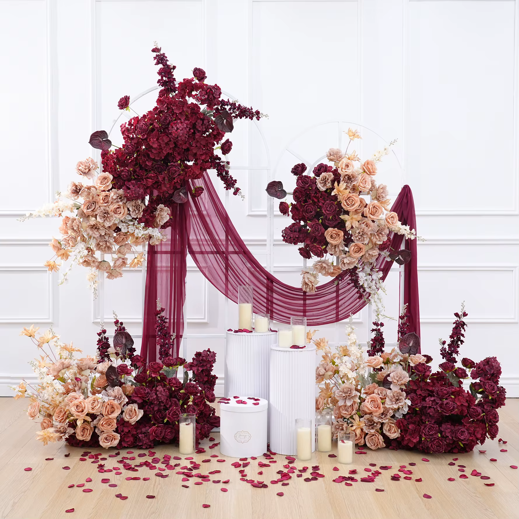 C8987 automne café Delphinium bordeaux Roses accrocher Imitation arrangements floraux mariage Photo décors sol fleurs événement accessoires