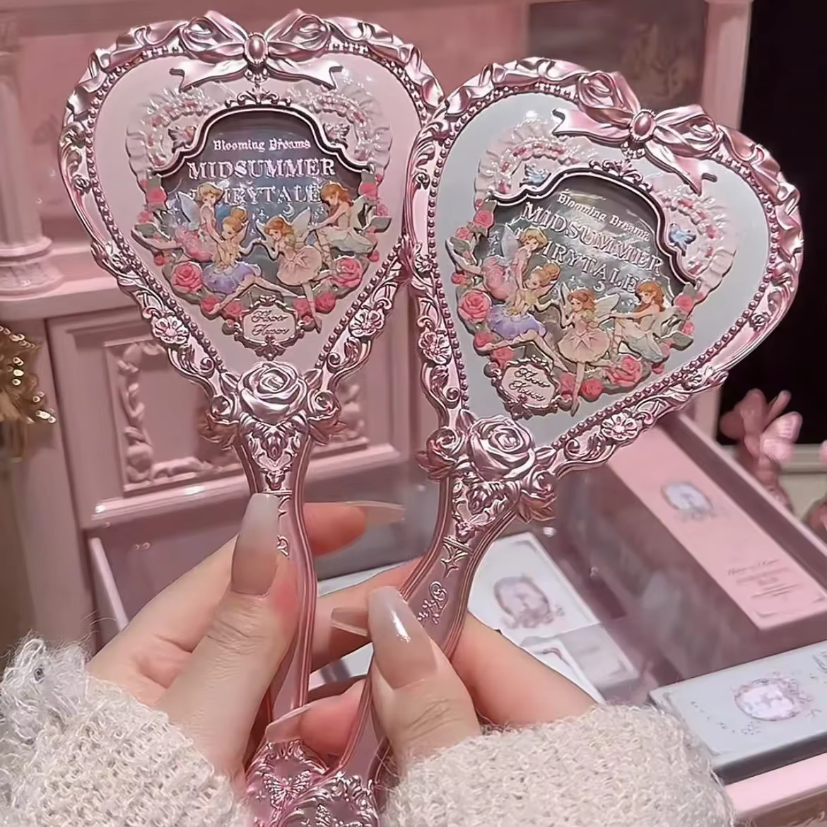 Flower Knows – Collection de contes de fées d'été, miroir à main vert menthe, maquillage exquis, miroir rose laiteux