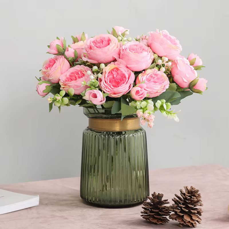 Vente chaude 1 pièces/30 cm Rose Bouquet de soie pivoine fleur artificielle 5 grosse tête 4 petit bourgeon mariée mariage décoration de la maison Artifi