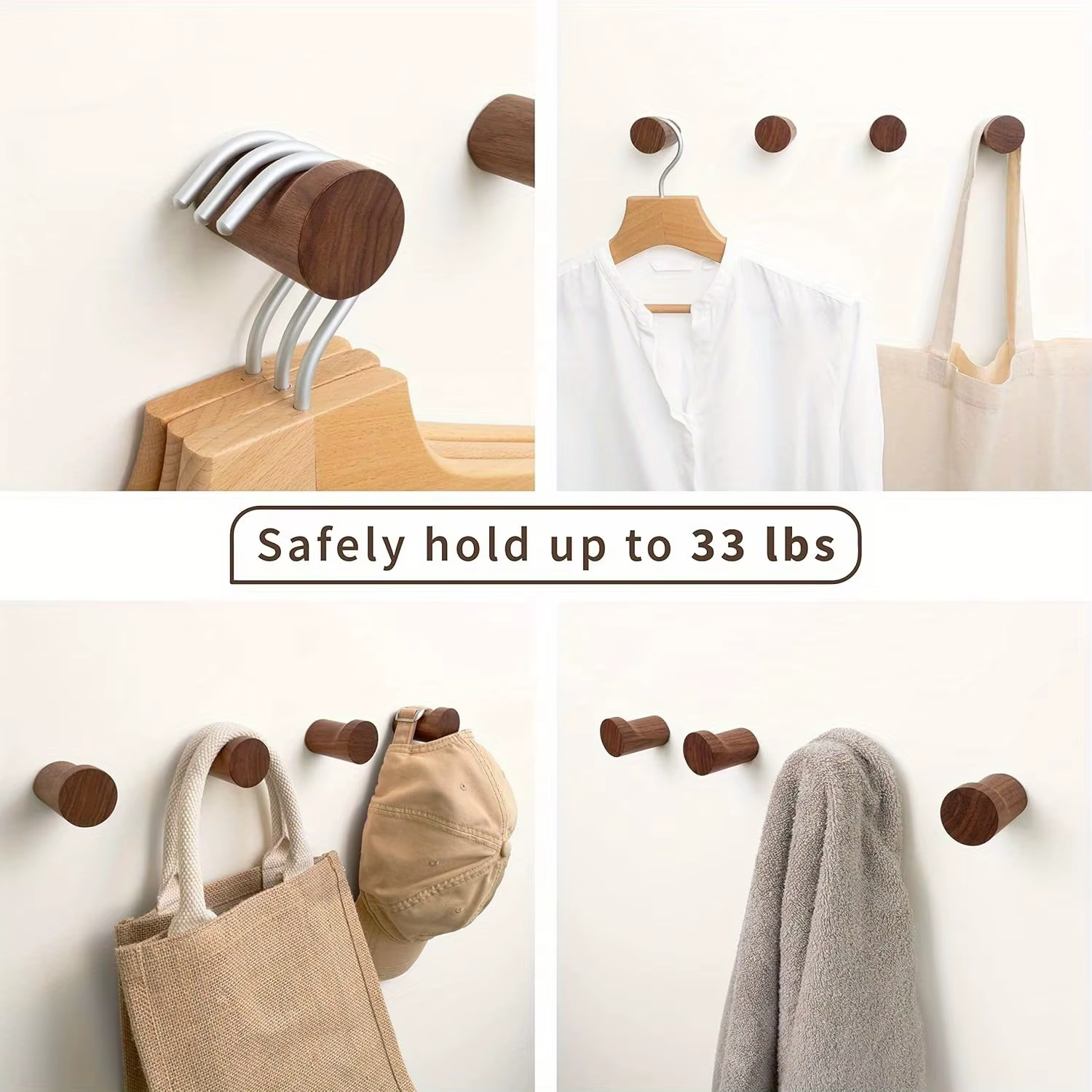 Lot de 1 à 6 crochets muraux antidérapants en noyer