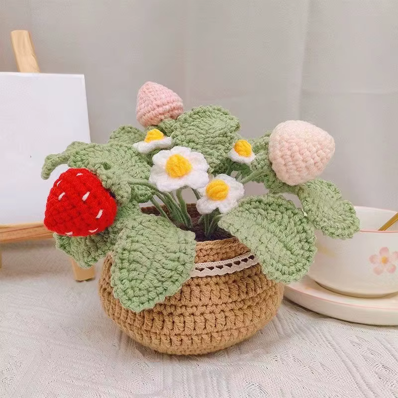 Kit de tricot et crochet fait main en forme de plante de fraise en pot