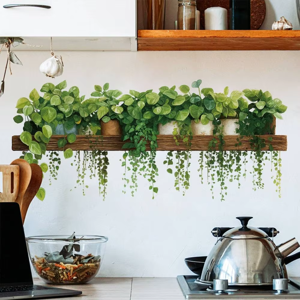 Autocollants muraux en forme de panier suspendu avec plantes vertes pour la décoration du salon
