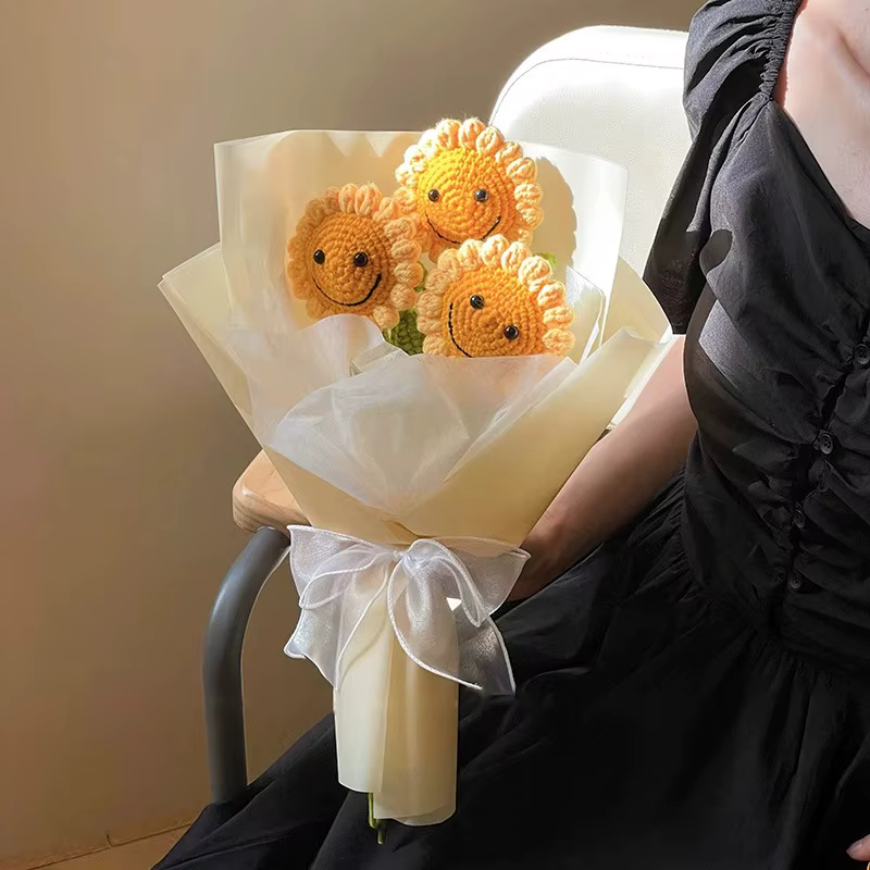 Bouquet de tournesol au crochet en laine fait à la main – 1 branche unique avec visage souriant