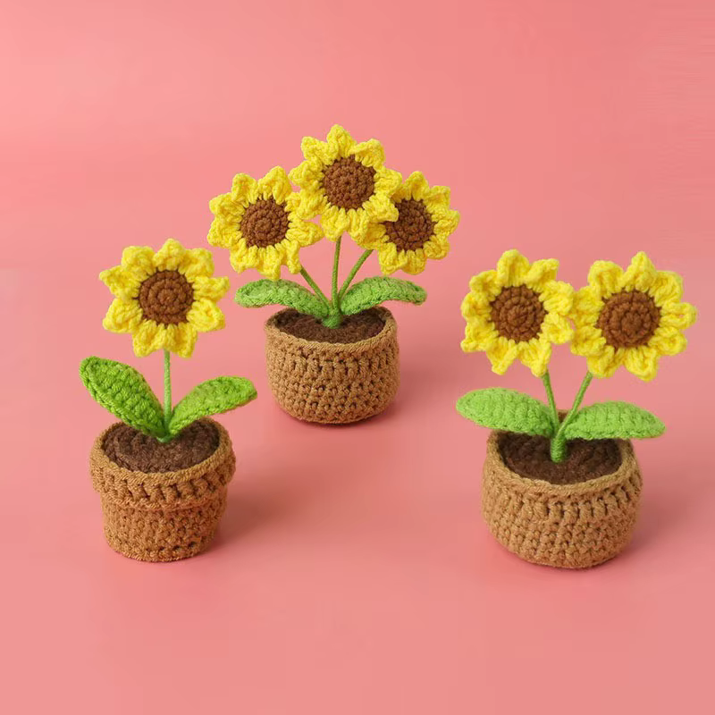 Kawaii Crochet tournesols tricot Pot de fleur Finnshed plante faite à la main voiture Table décor faux tournesol Flores