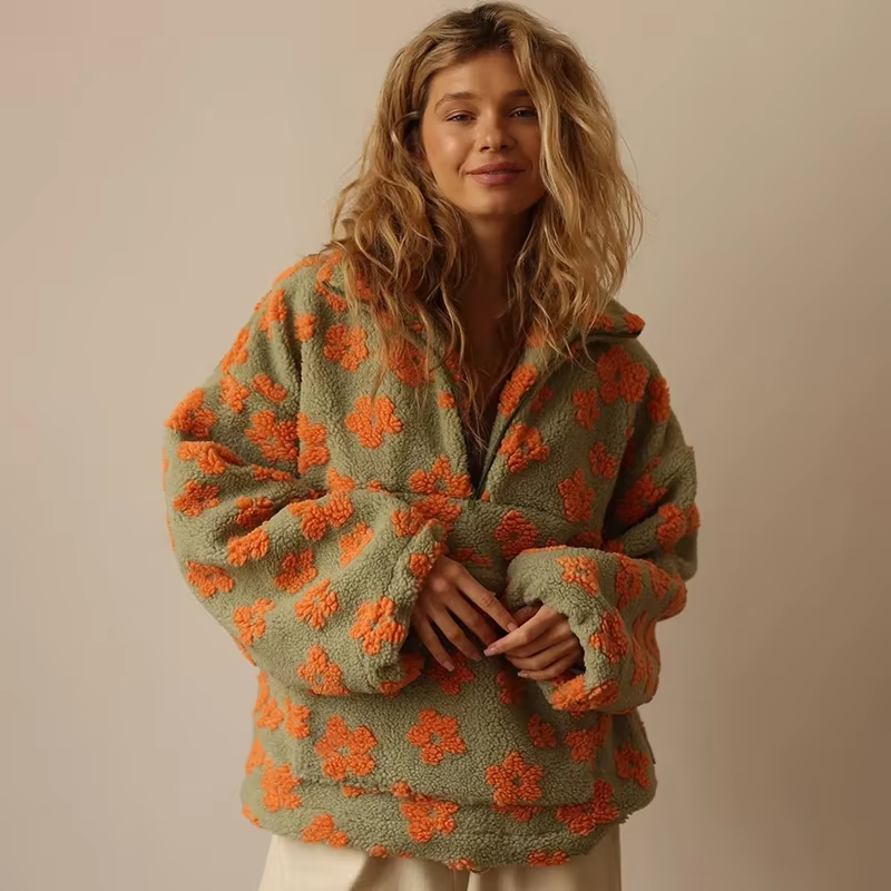 Sweat-shirt à fleurs en polaire pour femmes, nouvelle mode automne-hiver 2021, sweat à capuche chaud en fourrure, haut avec fermeture éclair, vêtements d'extérieur décontractés