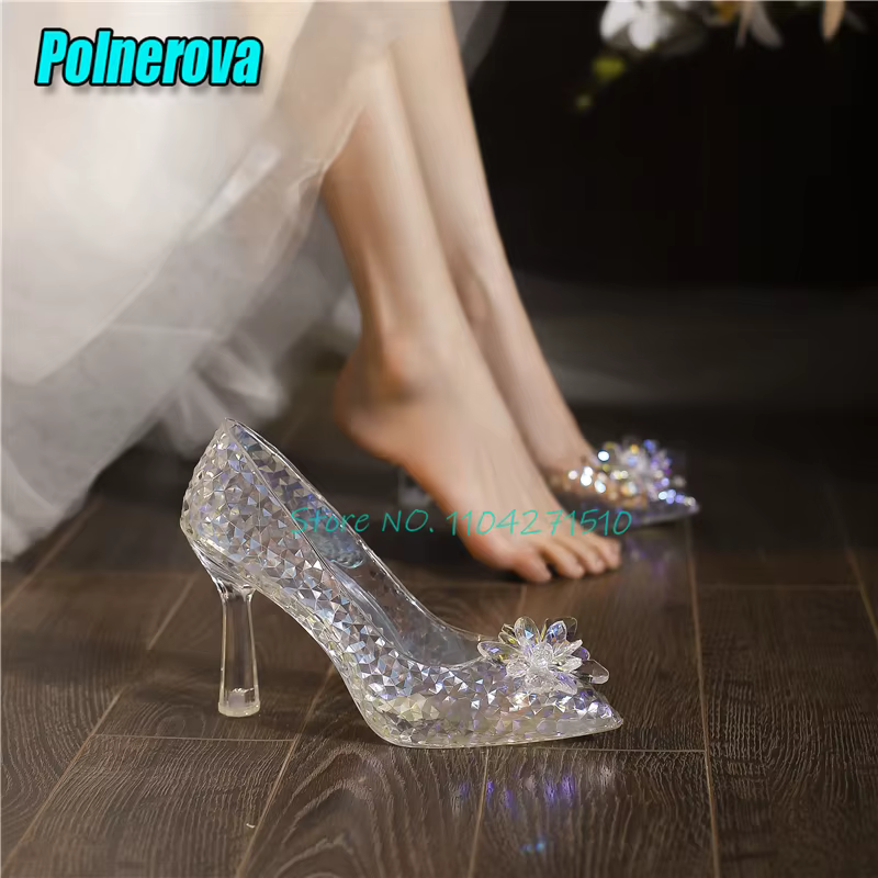 Chaussures à talons hauts transparents pour femmes, décor floral, robe de mariée féerique, escarpins élégants à bout pointu et à talons ronds, chaussures de fête pour Banquet