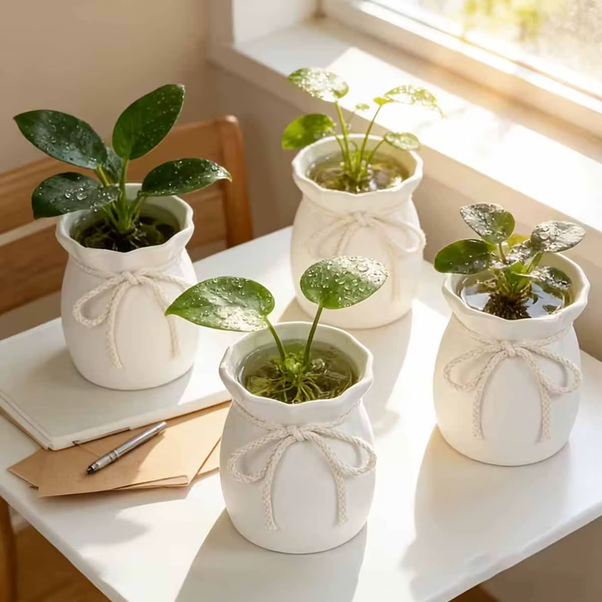 Petits pots de fleurs blancs avec nœud en jute