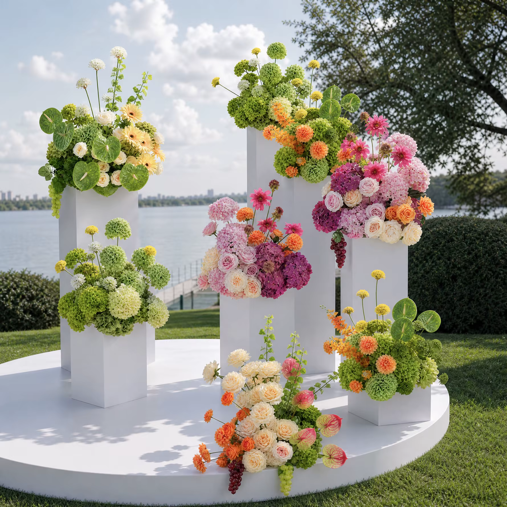 Angela A9143 Arrangement floral artificiel en hydrangeas et palmiers pour allée