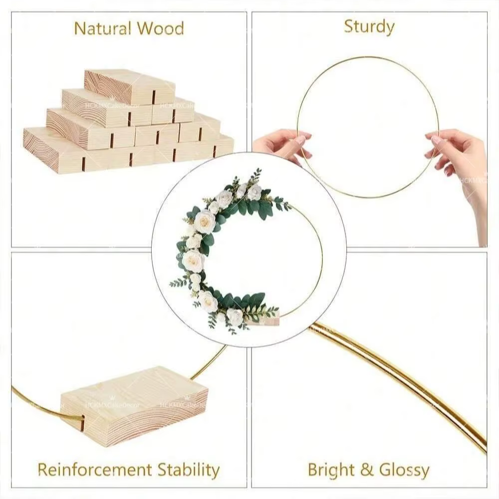 Lot de 5 cerceaux floraux en fil doré avec base en bois pour décoration de centre de table de mariage DIY
