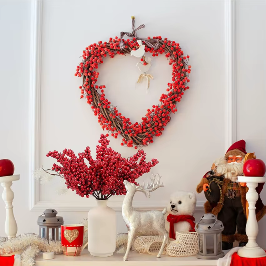 Plantes artificielles houx petit fruits rouges nouvel an arbre de noël décor de chambre à coucher couronne de mariage fleur bricolage cadeaux de prise de vue Photo