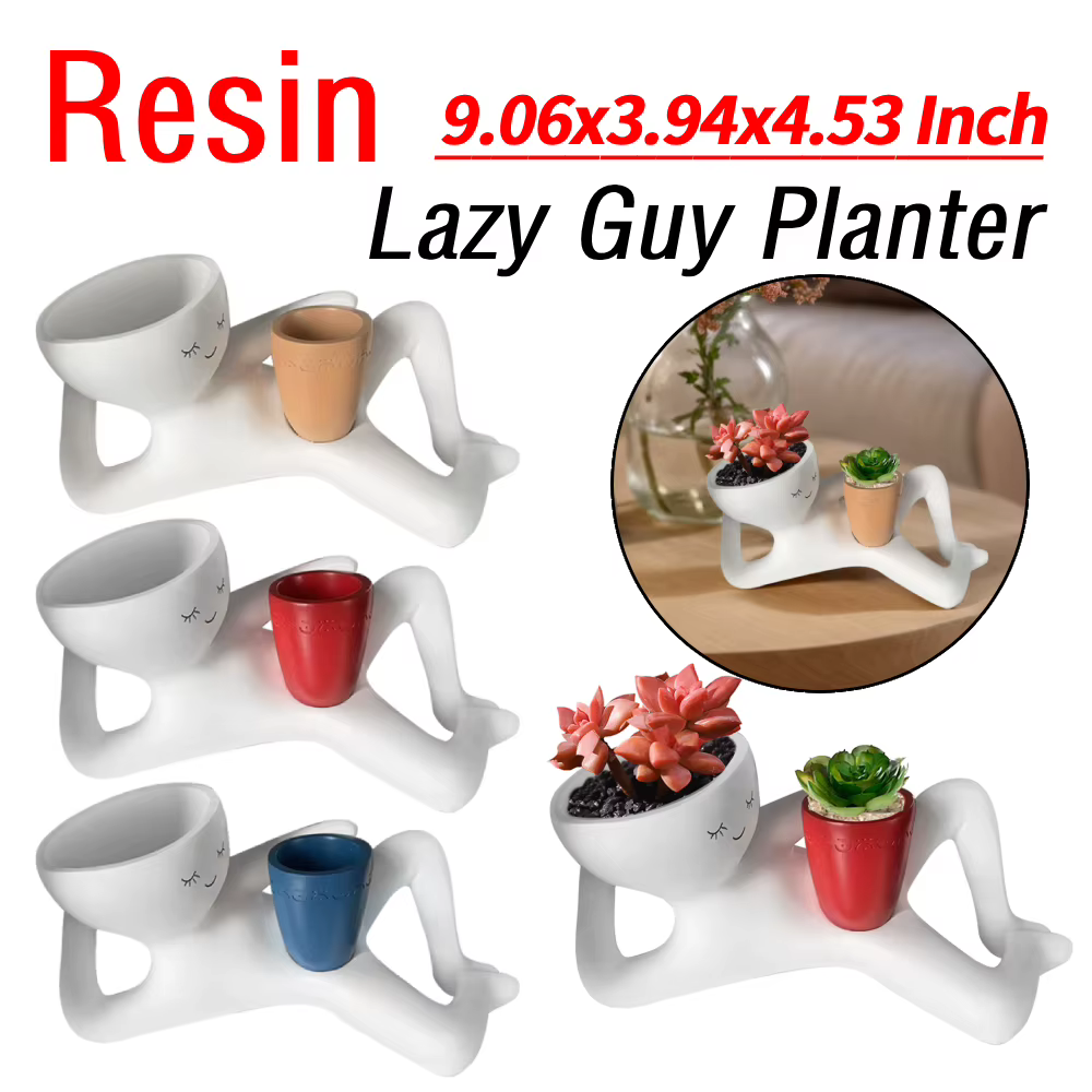 Pot de fleurs amusant en résine « Lazy Guy » avec trou de drainage, figurine unique allongée, pots à succulentes pour la décoration de la maison et du jardin