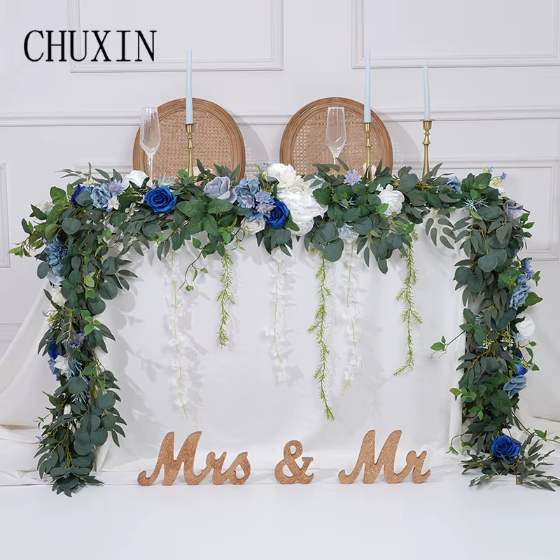 C8634 bleu blanc série verdure accrocher glycine fleur chemin Table pièce maîtresse décor mariage Arrangement Floral Banquet fournitures