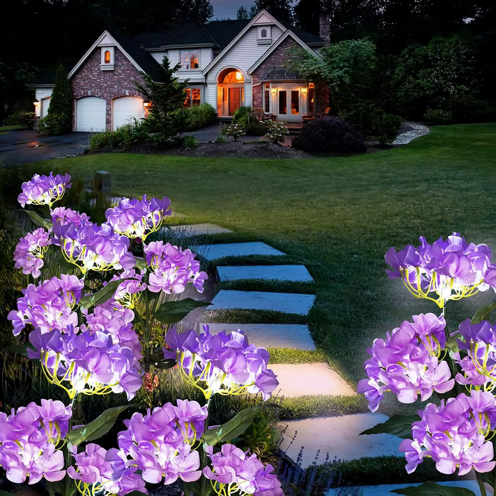 3 têtes d'hortensia Rose fleur lumière LED solaire lampes de pelouse de jardin extérieur