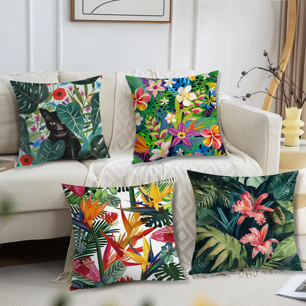 Housse de coussin confortable et douce à motifs floraux tropicaux pour canapé